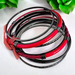 New Bangle Bracelet Set Hematite Tone Red Leather Accents - 12G
